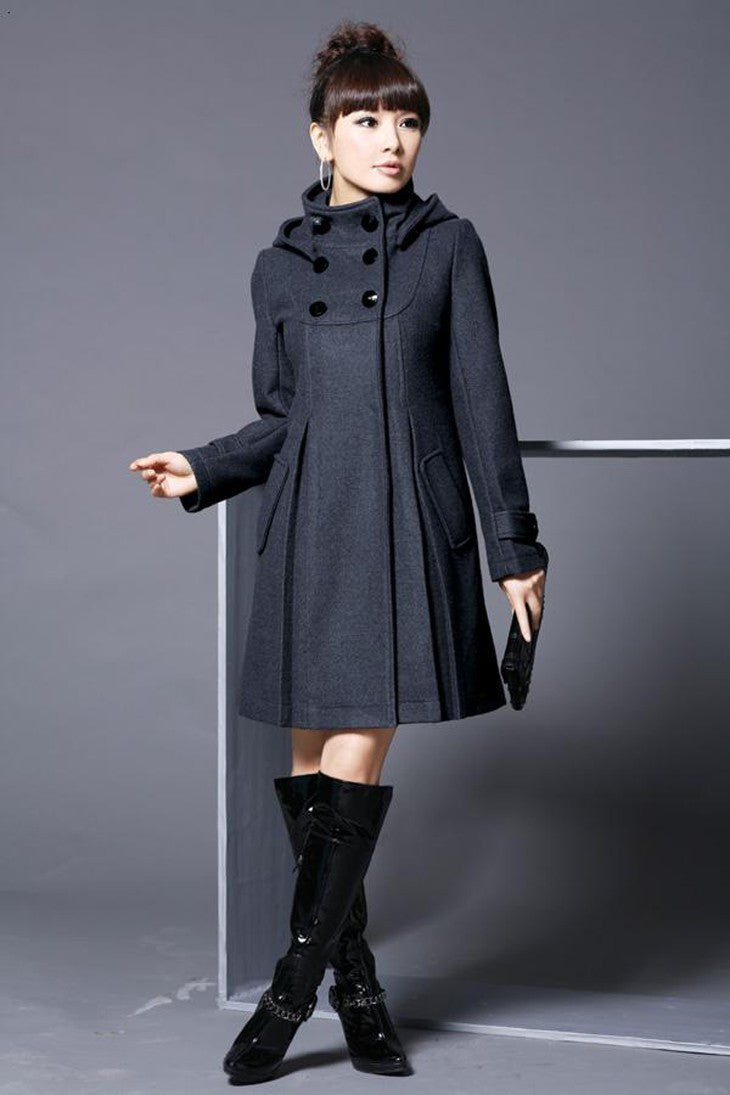 Wool Blend Coat Hooded Double-Breasted