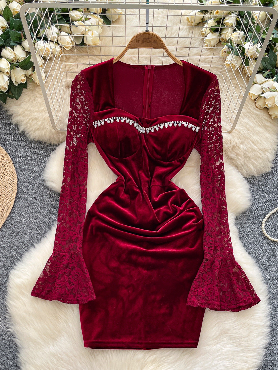 Elegant Beaded Velvet Lace Bodycon Dress