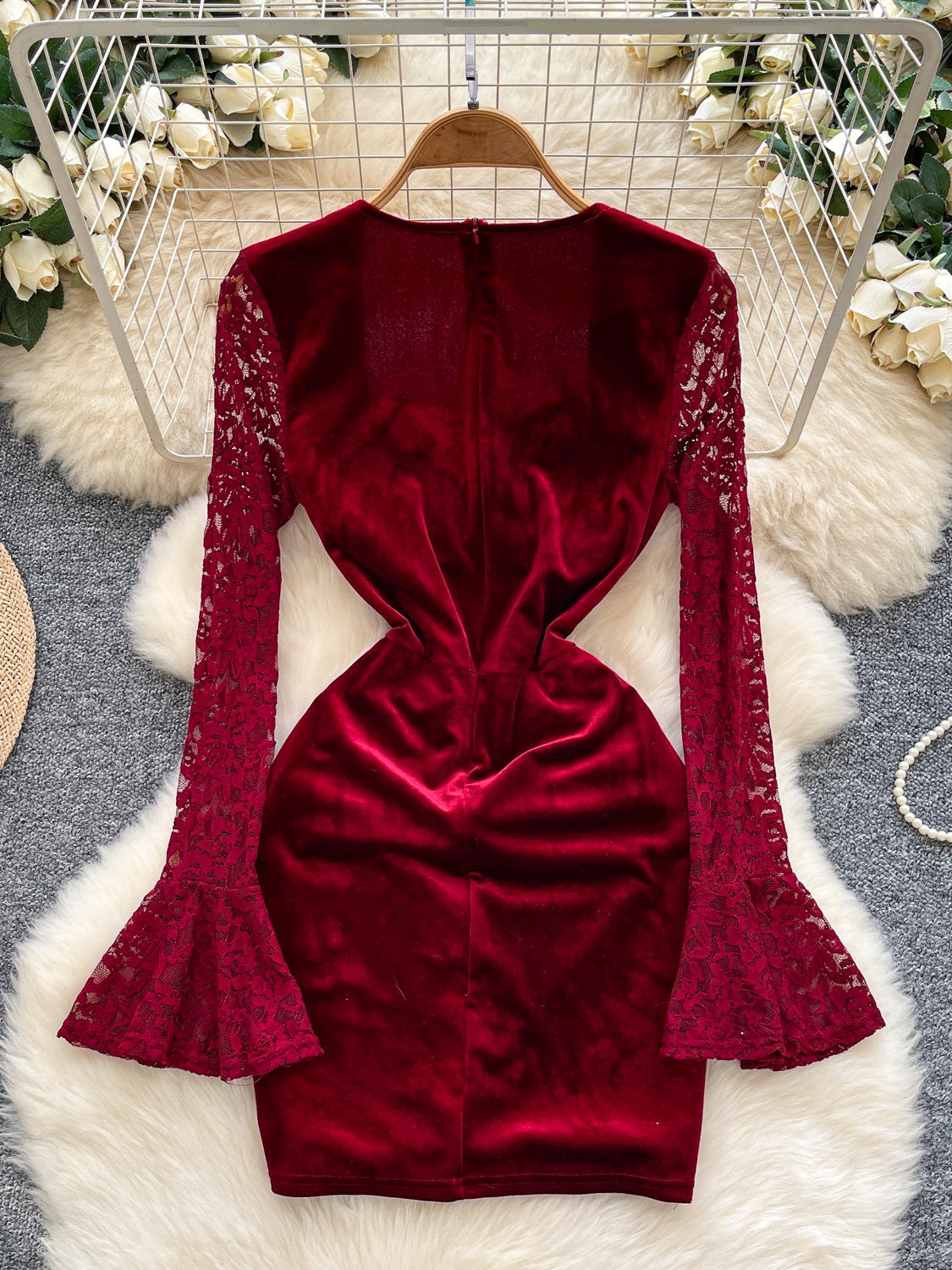 Elegant Beaded Velvet Lace Bodycon Dress