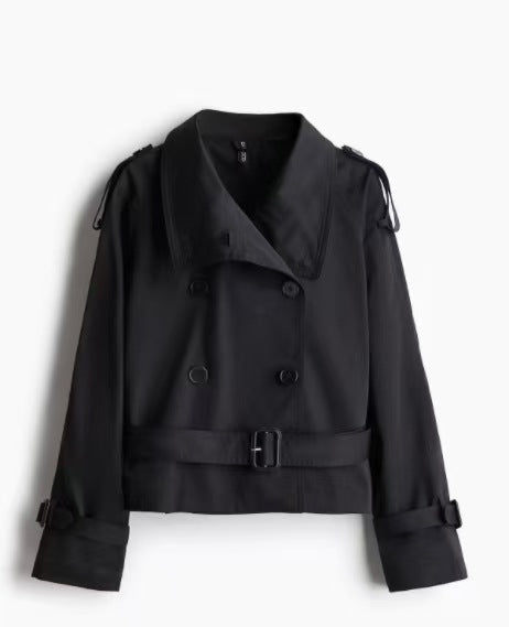 Double-breasted waist-cinched short windbreaker coat