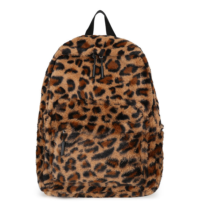 Plush large-capacity backpack with leopard print