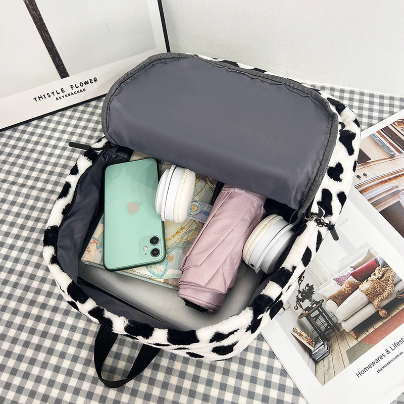 Plush large-capacity backpack with leopard print