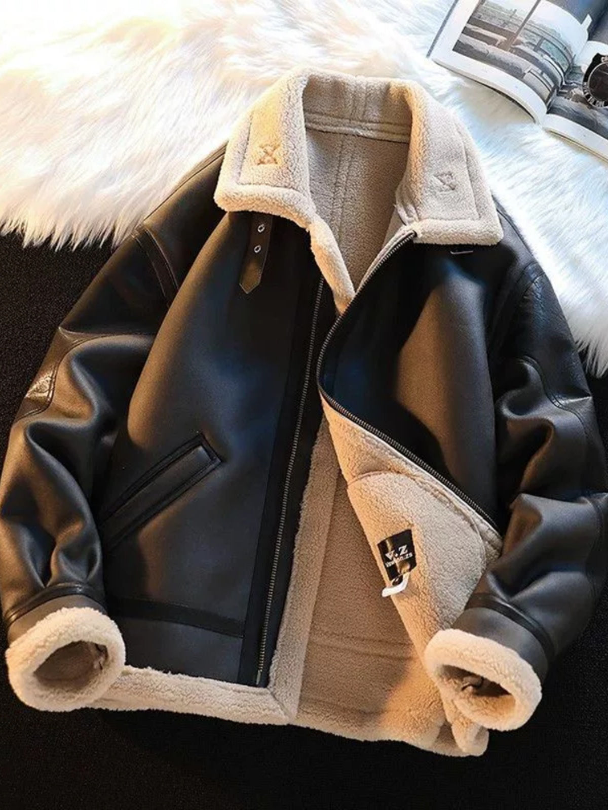 Men's Fur-Lined Leather Motorcycle Jacket
