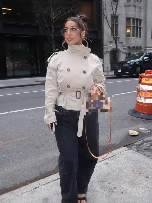 Double-breasted waist-cinched short windbreaker coat