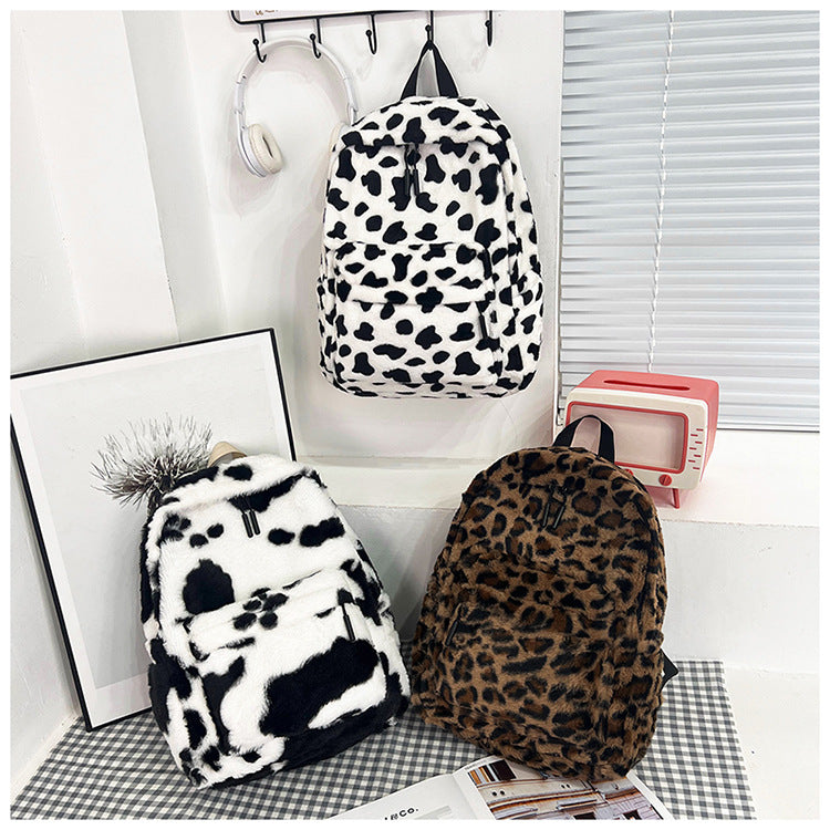 Plush large-capacity backpack with leopard print