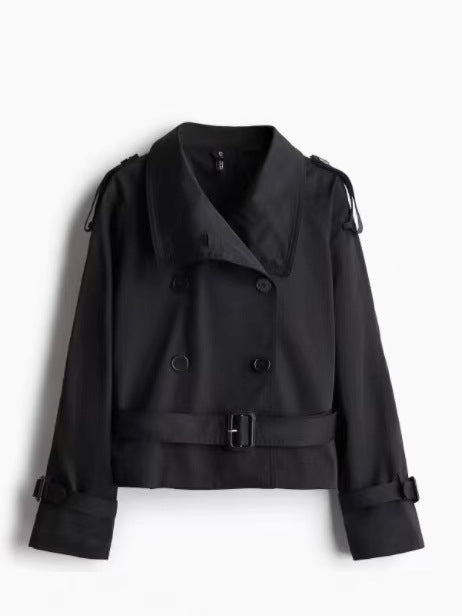 Double-breasted waist-cinched short windbreaker coat