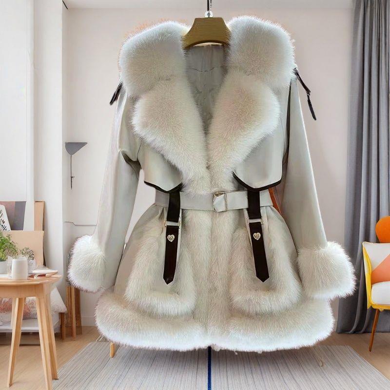 Elegant Large Fur Collar Lace-Up Mid-Length Fur Outwear For Women 2025 Season New Warm Fur One-Piece Top
