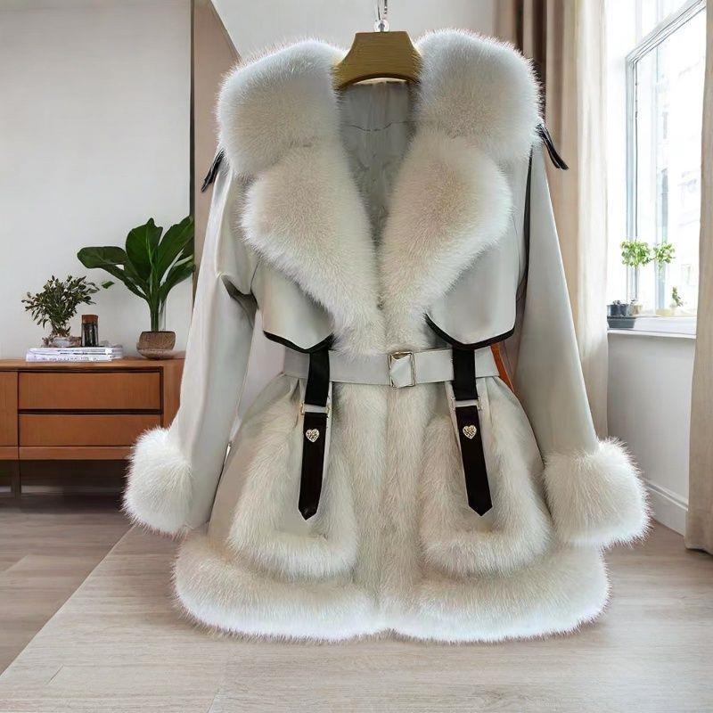 Elegant Large Fur Collar Lace-Up Mid-Length Fur Outwear For Women 2025 Season New Warm Fur One-Piece Top