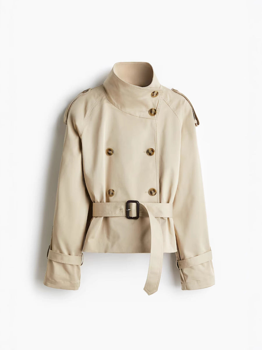Double-breasted waist-cinched short windbreaker coat