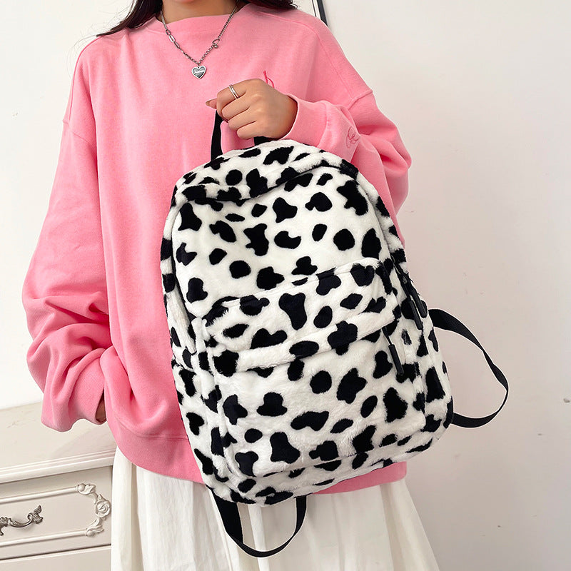 Plush large-capacity backpack with leopard print