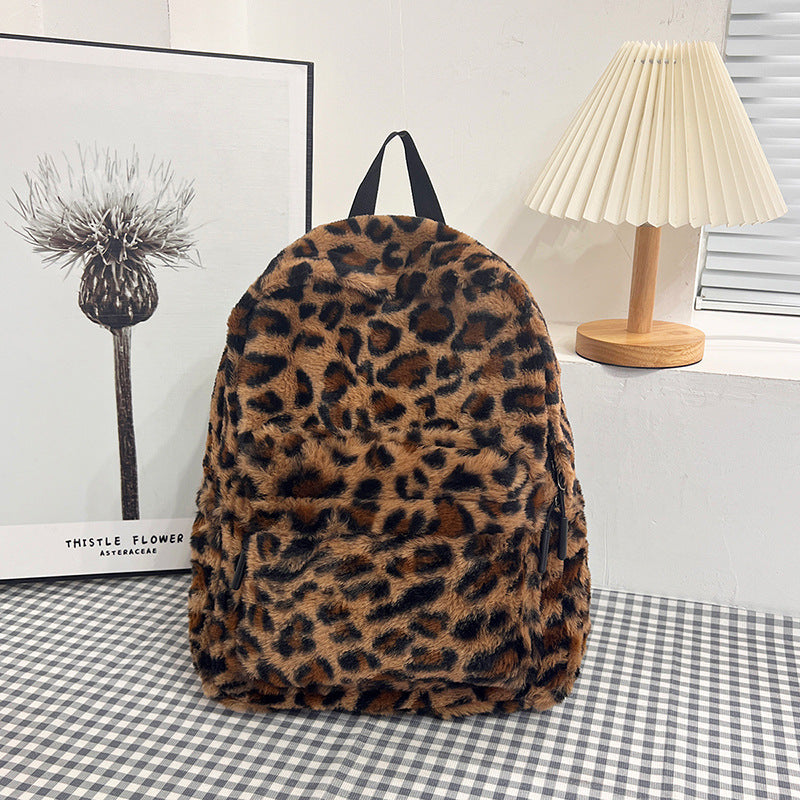 Plush large-capacity backpack with leopard print