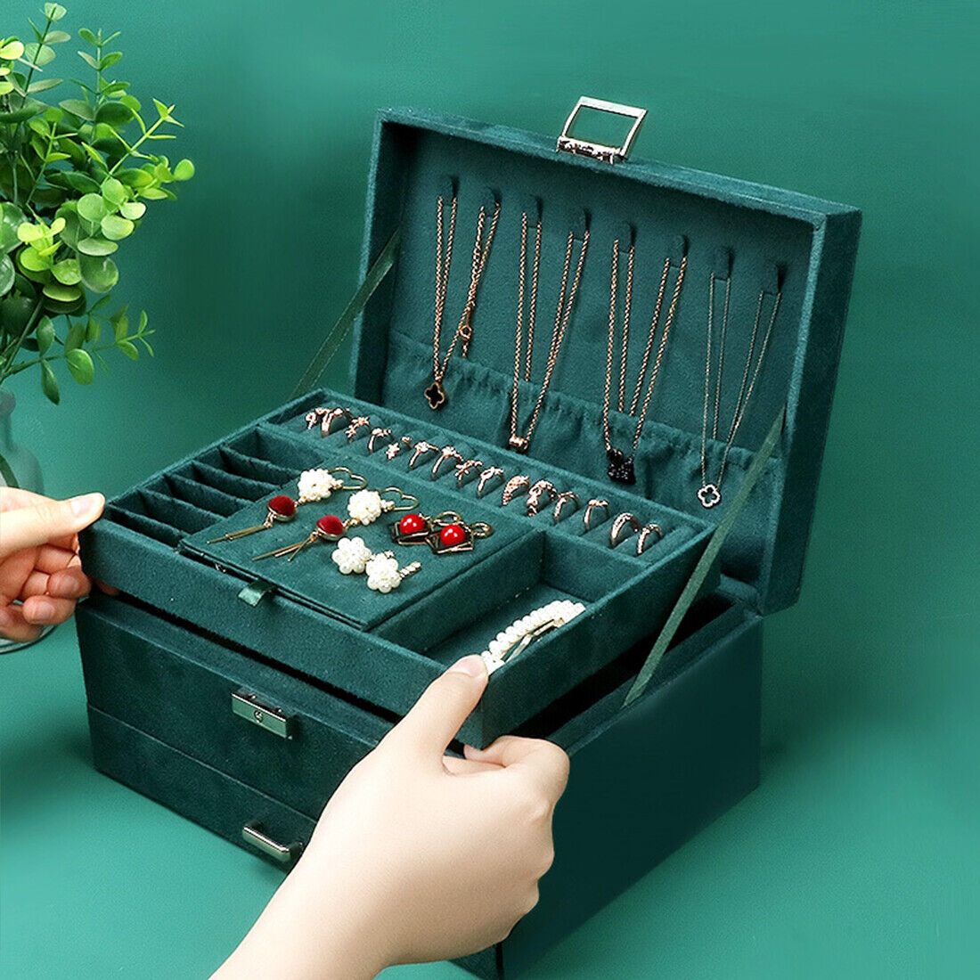 3 Layer Grey Jewellery Box Organizer Rings Necklaces Jewellry Storage Case Box