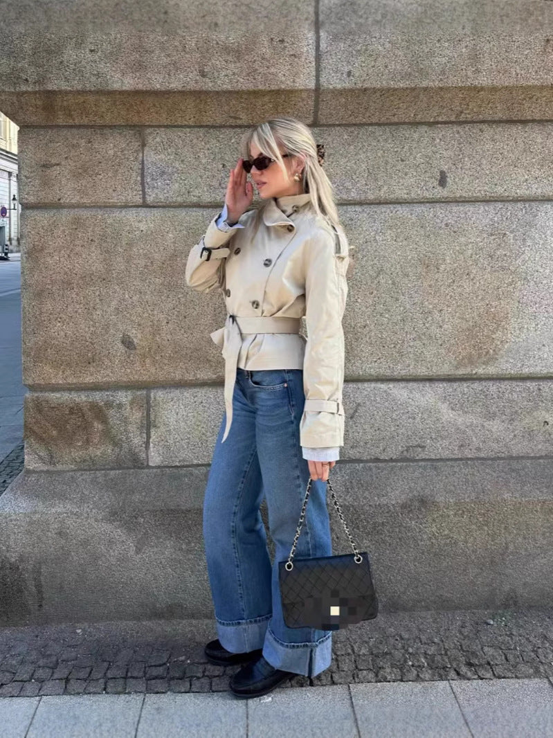 Double-breasted waist-cinched short windbreaker coat