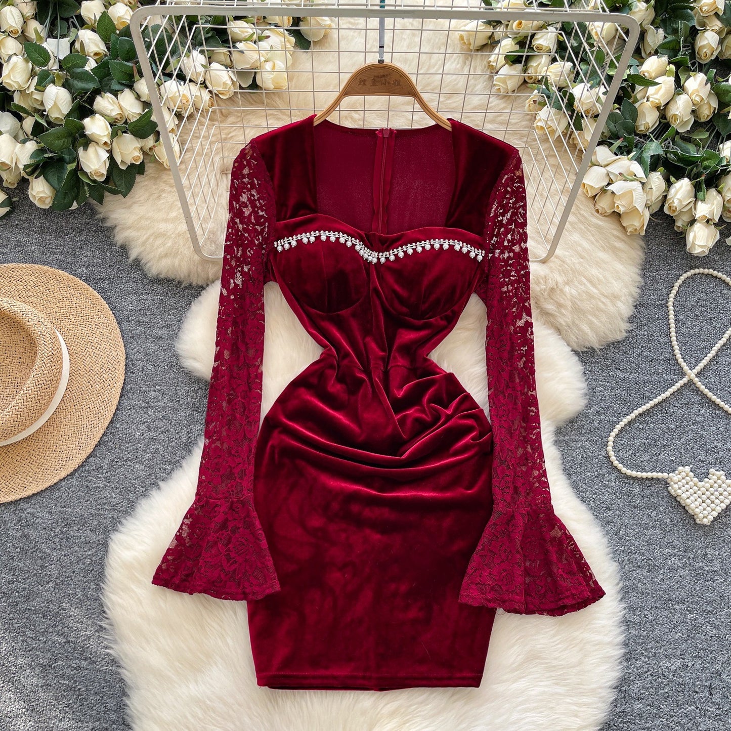 Elegant Beaded Velvet Lace Bodycon Dress